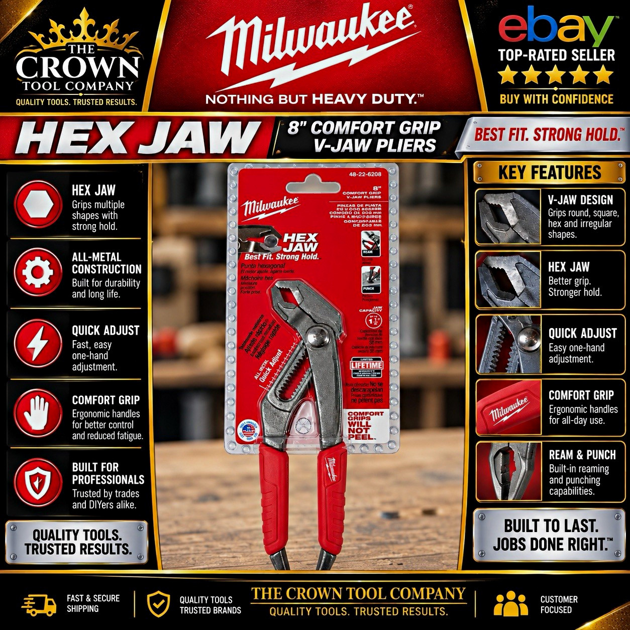 Milwaukee HEX JAW 8in V-Jaw Pliers Comfort Grip Quick Adjust 48-22-6208