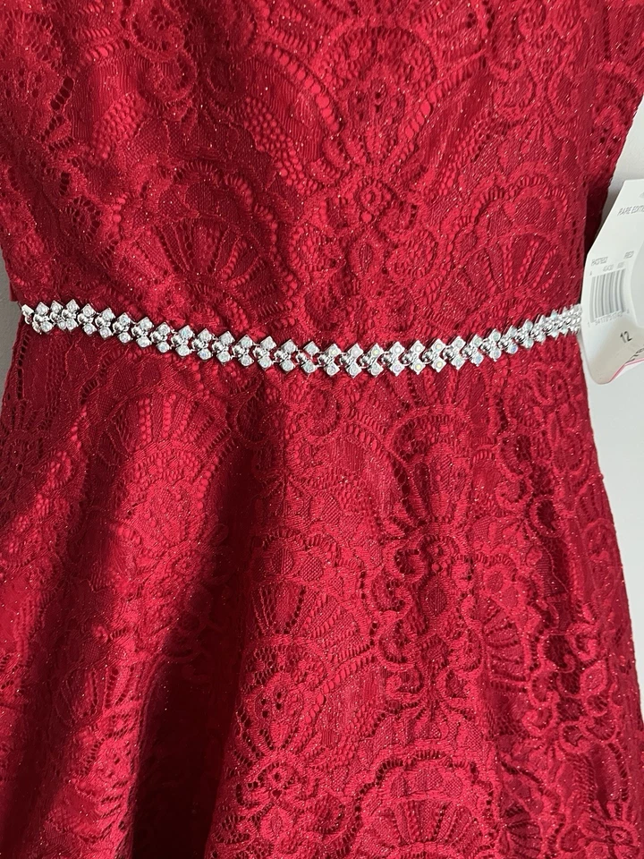 New Rare Editions Girls Red Metallic Lace Jewel Holiday Party SleevelessDress 12 - Image 3 of 4