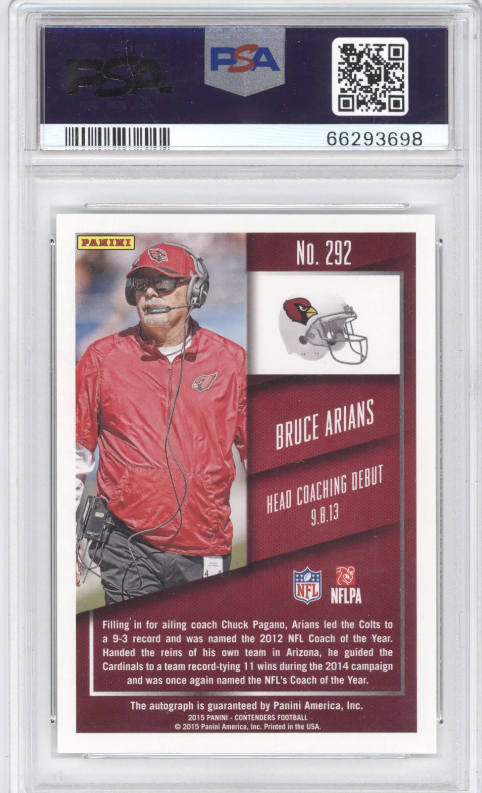 2015 Panini Contenders Bruce Arians #292 Coaches Ticket Autograph PSA 10 view 2