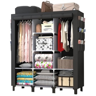 Portable Wardrobe with 10 Storage Racks and 2 Hanging Poles, 18 Side Pockets ...