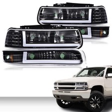 LED DRL Headlights Silverado 1500 2500 3500 HD 99-02 Clear Lens Black Housing