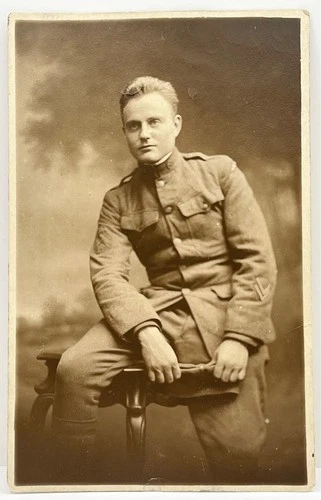 1910s Handsome Man WWI Soldier Seated in Uniform Military Portrait RPPC Photo