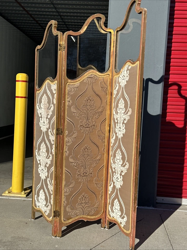 Vintage French Tapestry 3 Panel Room Carved Wood Divider/Screen Glass Window - Image 2 of 4