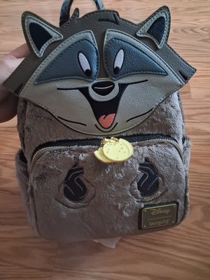 Loungefly Disney Meeko Raccoon Mini Backpack Faux Fur Gray Black Zip