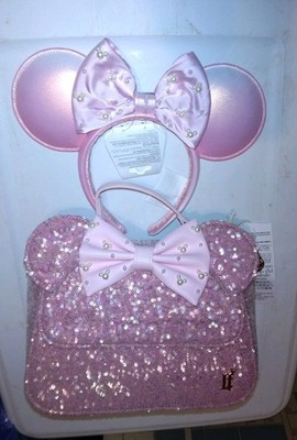 2026 Disney Parks Minnie Ear Loungefly Crossbody Bag Rose Pearl Matching Ears