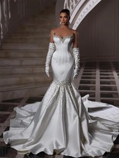 Elegant Mermaid Wedding Dress Charming Sleeveless Bridal Gown Formal Pearl Gown