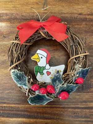Vintage Taiwan Christmas ornament Wooden wreath with Duck / Goose Winter Decor