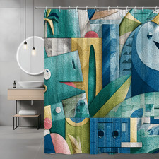 Abstract Geometric Faces Shower Curtain Blue Green Modern Art