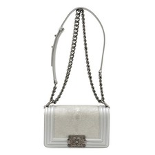 Chanel Boy Chain Shoulder Bag Metallic Leather Women Silver One Size