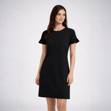 Ann Taylor Black Shift Dress Ruffle Short Sleeves Stretch Knee Length Size 4