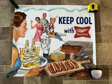 (VTG) 1955 Miller High Life Beer Keep Cool Bottles & Bbq Poster Advertising Sign