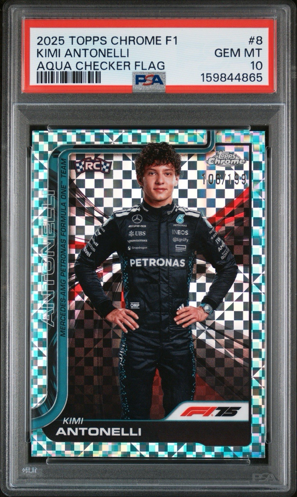 2025 Topps Chrome F1 KIMI ANTONELLI ROOKIE Aqua Checker Flag /199! PSA 10-POP 5