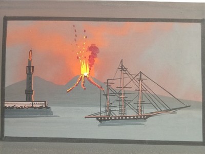 Seltene Neapolitanische Gouache Aus Dem Frühen 1900er - Eruption Mit Leuchtturm