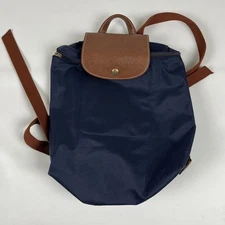 Longchamp Le Pliage Backpack Navy Brown Nylon Leather Trim Zip Bag Purse