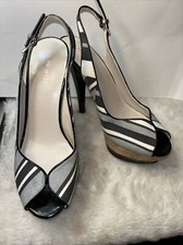 Nine West Cunning Black/Gray Striped Fabric Cork Platform Slingback Heels, 7.5M!