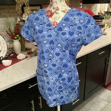 B Scrubs Blue Heart Print Scrub Top Cinched Elastic Back Size Small Side Slits