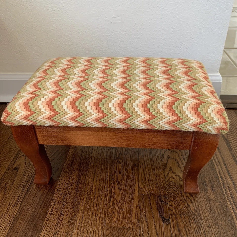 Vintage MCM Orange & Green Flame Stitch Needlepoint Wooden Foot Stool Foot Rest - Image 2 of 4
