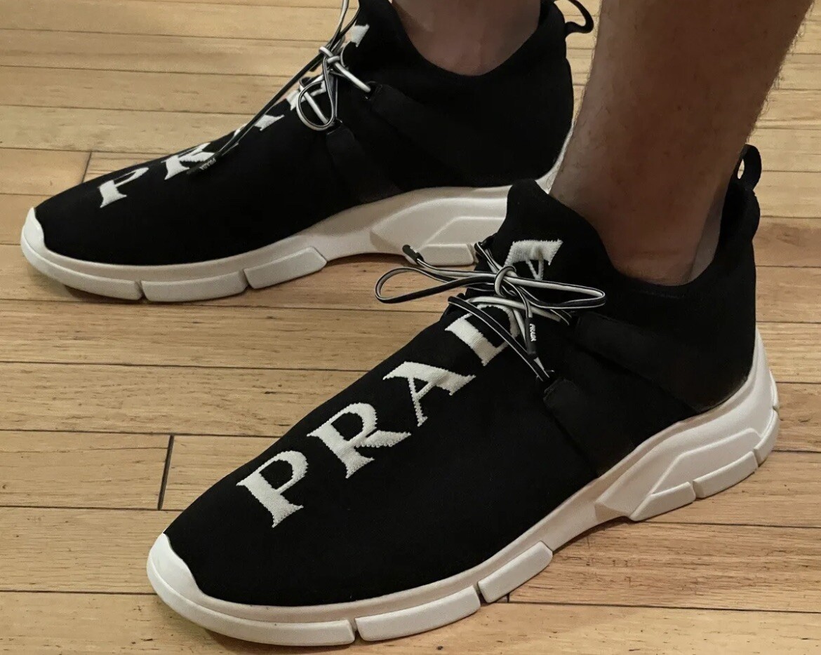 Authentic Mens Prada Logo Sock Black White Knit Sneakers | eBay