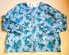Womens Sweater-L.L. BEAN-blue floral 100 supima cotton cardigan long sleeves-XL