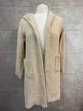 Womens Longline Cardigan Beige Faux Fur Long Sleeve Hooded Cozy Warm Open Front