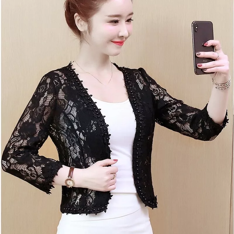 Women Beaded Lace Jacket Shrug Bolro Caplet Coat Sheer Hollow Out Cardigan