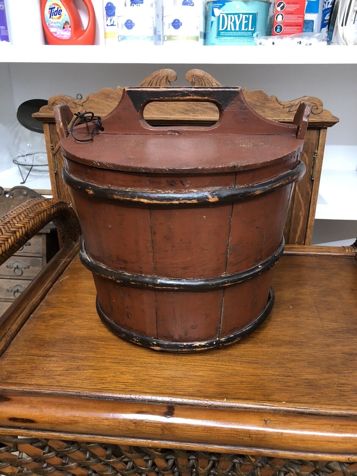 Antique Painted Oxblood Red Sugar Bucket With Unique Lid And Closure