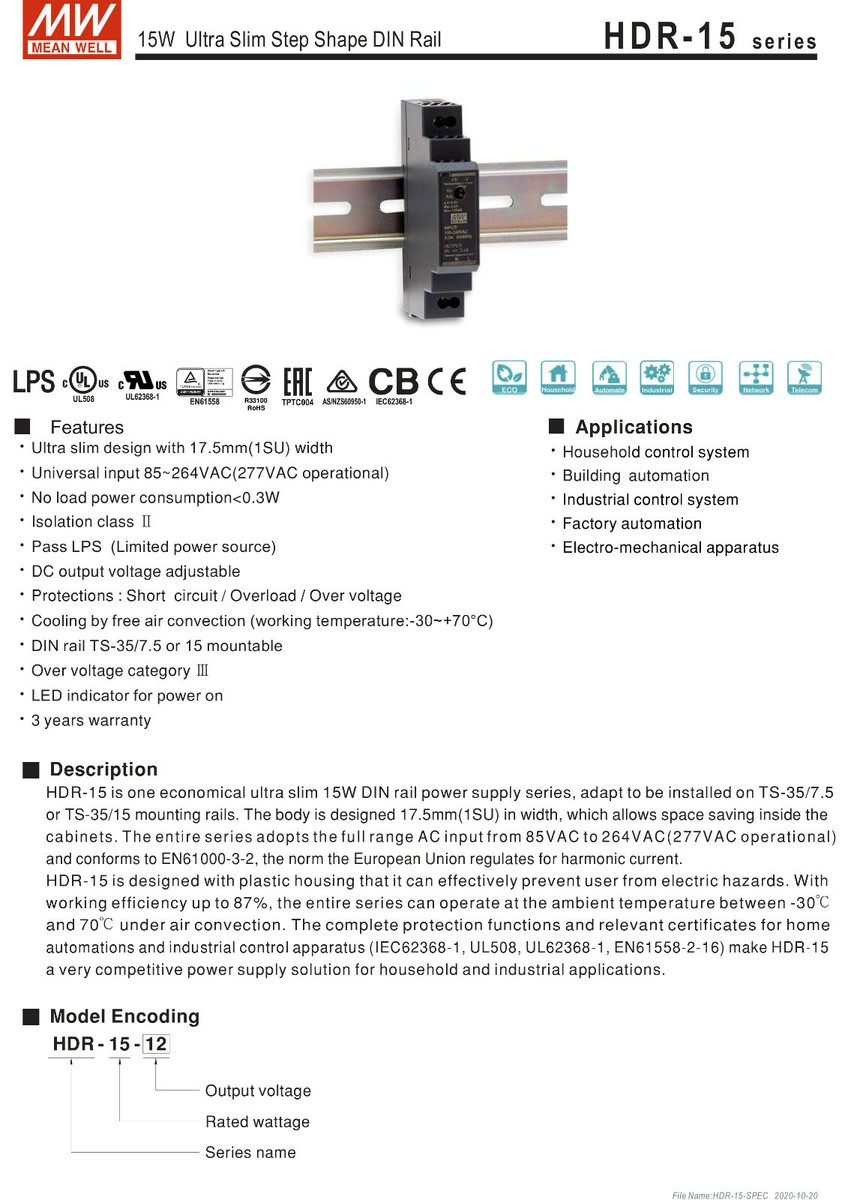 MeanWell HDR-15-12 Alimentatore Guida DIN Ultra Slim 15W 12V 1,25A - Foto 3
