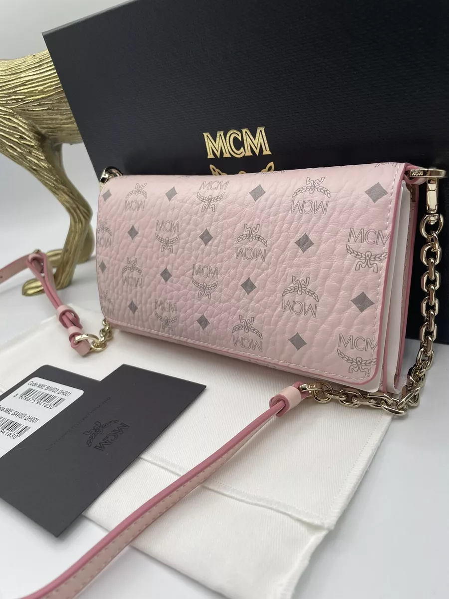 Authentic MCM Patricia Pink Clutch Bag Wallet On A Chain CrossBody NWT+Gift  Box