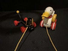 Lot Of 2 Brio Wooden Pull Toys Black Dog And White Duck