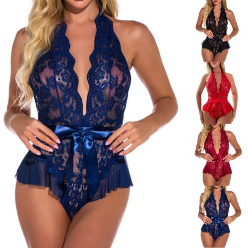 Sexy Lace Sheer Fishnet Bodysuit Backless Sleepwear Lingerie for Women