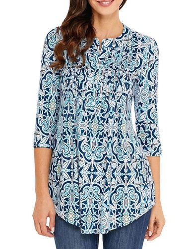 Women's 3/4 Sleeve Floral Tunic Tops Loose Blouse Button up Shirts - Picture 19 of 26