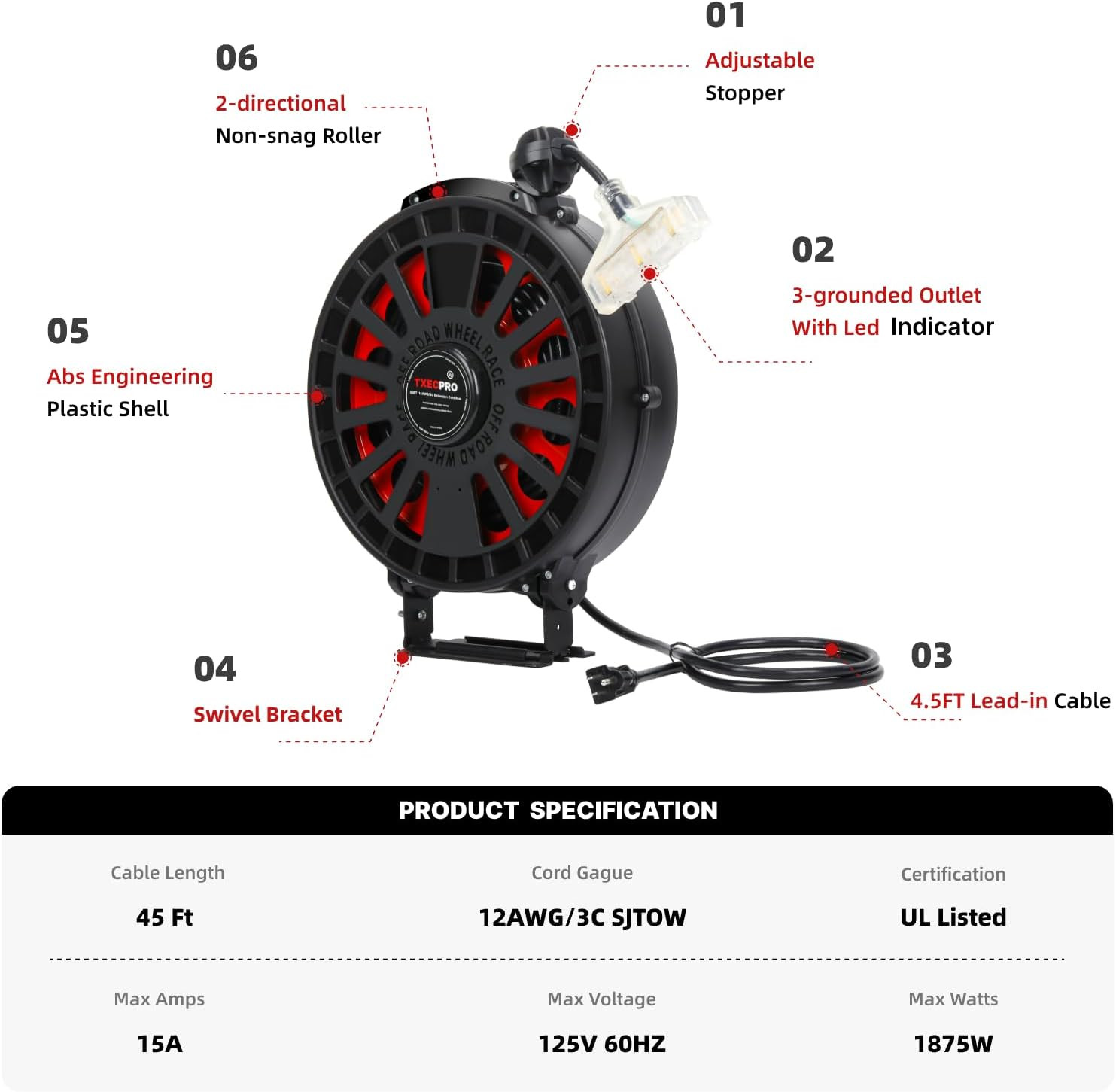 45FT 12 Gauge Retractable Extension Cord Reel with 3 Outlets, Heavy Duty
