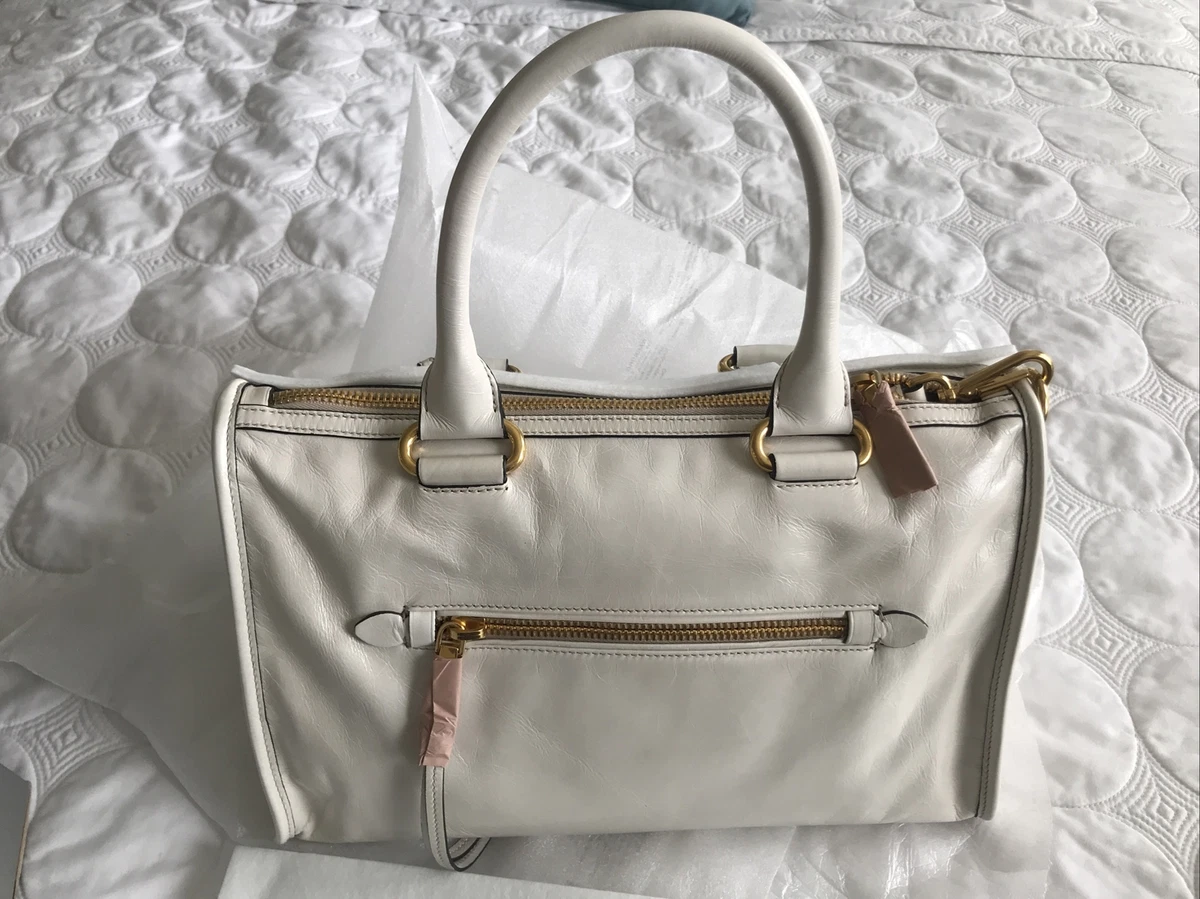 Authentic Miu Miu Bauletto Vitello Shine Leather Tote Bag Talco