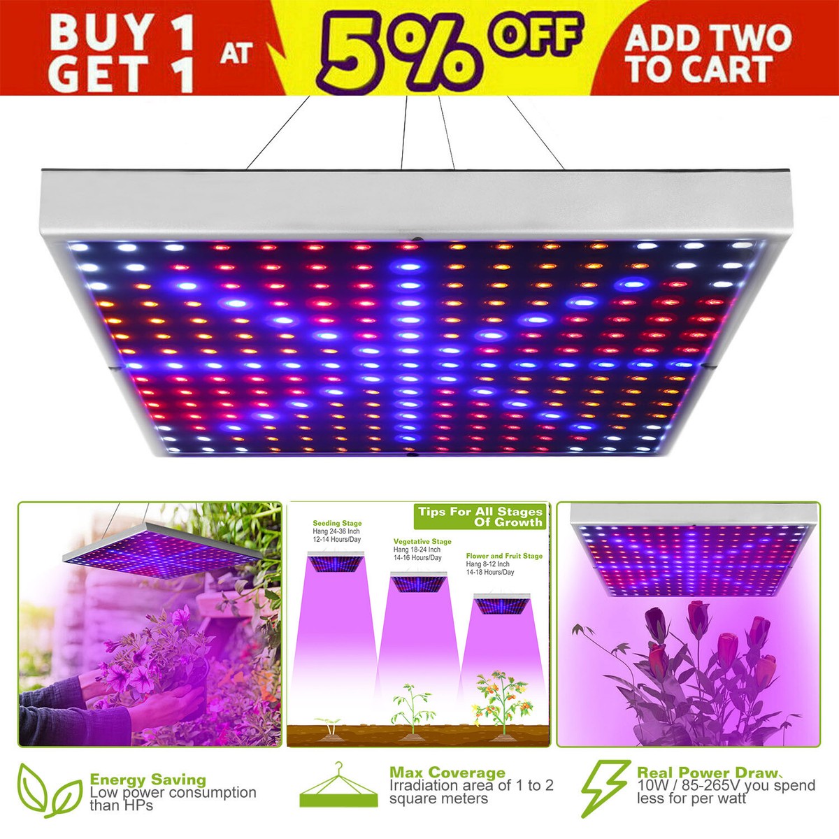 225 LED Grow Light Full Spectrum Indoor Hydroponic Veg Flower