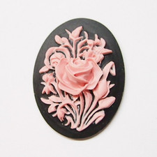 4 Vintage 40x30mm Pink over Black Wild Rose Bud Flowers Resin Cameos Cabochons