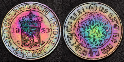 UNC 1920 Netherlands East Indies 2 1/2 Cent rainbow toning (57-48)