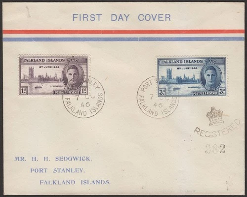 Falkland Islands 1946 KGVI Victory Registered First Day Cover - Port Stanley