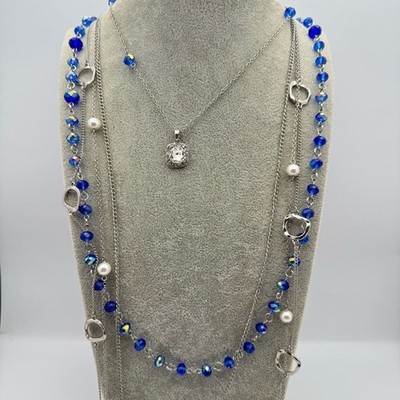 Premier Designs Blue Crystal Pearl Layered Necklace CZ Pendant Silver Tone 21 