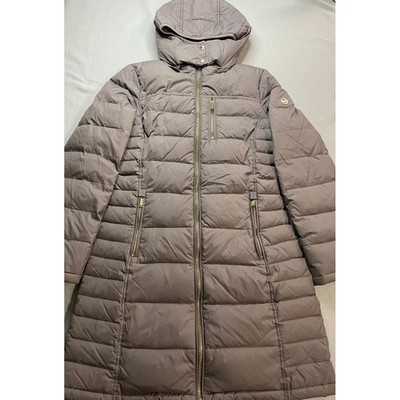 Michael Kors Womens Long Hooded Puffer Coat Taupe Mauve Gold Hardware Size S