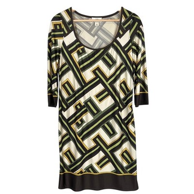 Ann Taylor Loft Shift Dress Womens 6P Green Brown Cream Yellow Geometric Retro