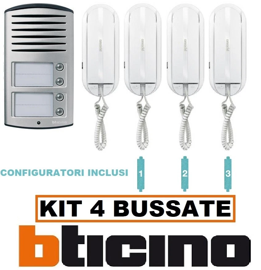 BTICINO KIT CITOFONO 4 CORNETTE 2 FILI SPRINT 344232 CON ALIMENTATORE 4 FAMIGLIE