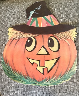 Vintage Die Cut Decoration HALLOWEEN Pumpkin Jack-O-Lantern in Witch Hat 16''