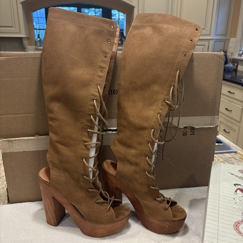 Jeffrey Campbell WOODIES Tan Nubuck Leather Knee LACE UP Platform Heel Boots 8