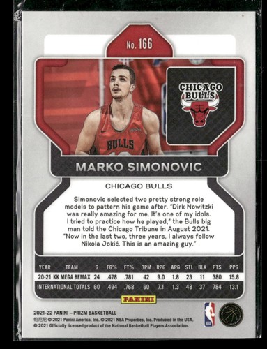2021-22 Panini Prizm #166 Marko Simonovic Chicago Bulls Rookie - Picture 2 of 2