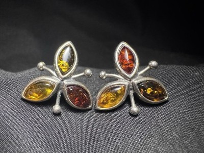 Vintage Baltische Multi-Bernstein & Sterling Silber Trefoil Blume Ohrstecker 5,9 g
