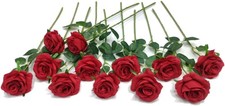 Laelfe 12 pcs Artificial Red Roses Flowers Long Stem Fake Silk Rose for Home Wen