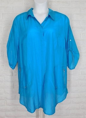 LANE BRYANT Silk Blend Button Down Shirt Tunic A Line Round Hem Aqua 18 20 NWT