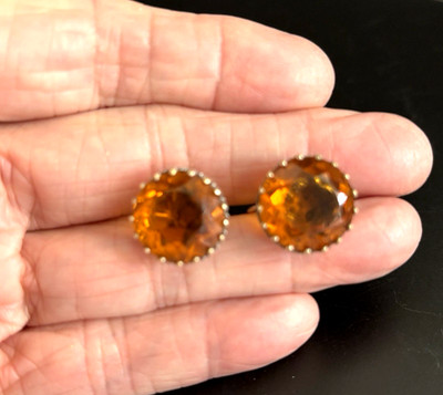 Antique Vintage 925 Sterling Screwback Earrings Orange Faceted Glass Stone