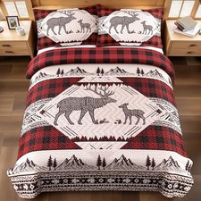 3 Piece Cabin Size Quilt Sets Christmas Rustic Reversible King Red Deer