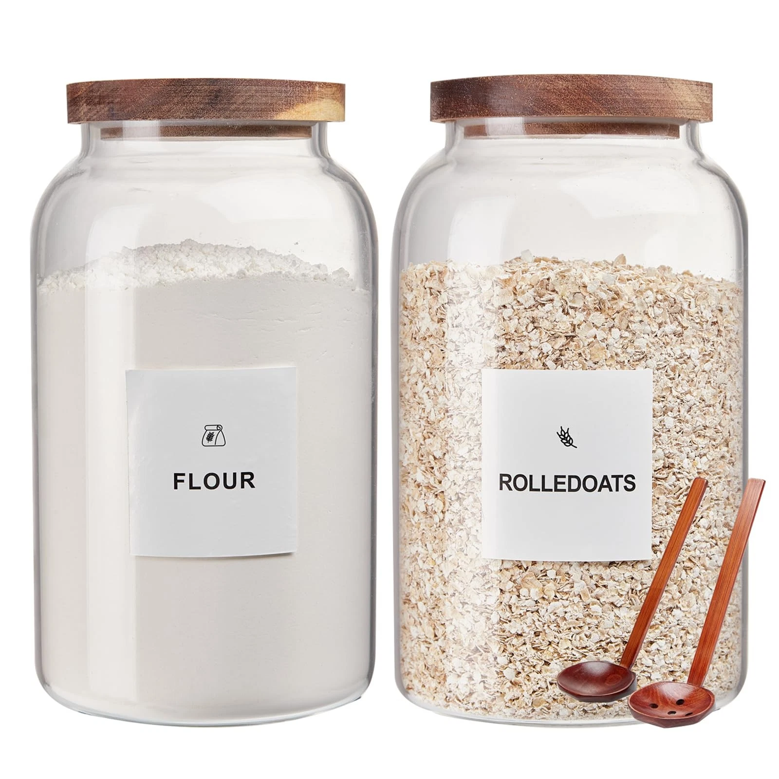 2 Pack Glass Storage Jars with Airtight Wooden Lids, 2700ml Large Clear Kitch...